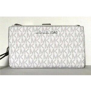 New Michael Kors Jet Set Travel Double Zip Wallet Signature Bright White